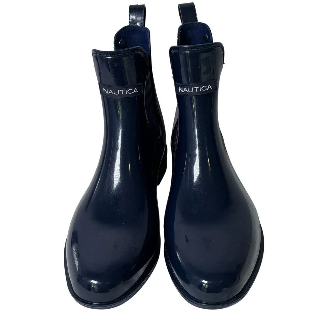 Nautica Rain Boots Women Size 7 Navy Blue Glossy Chelsea Ankle Booties‎